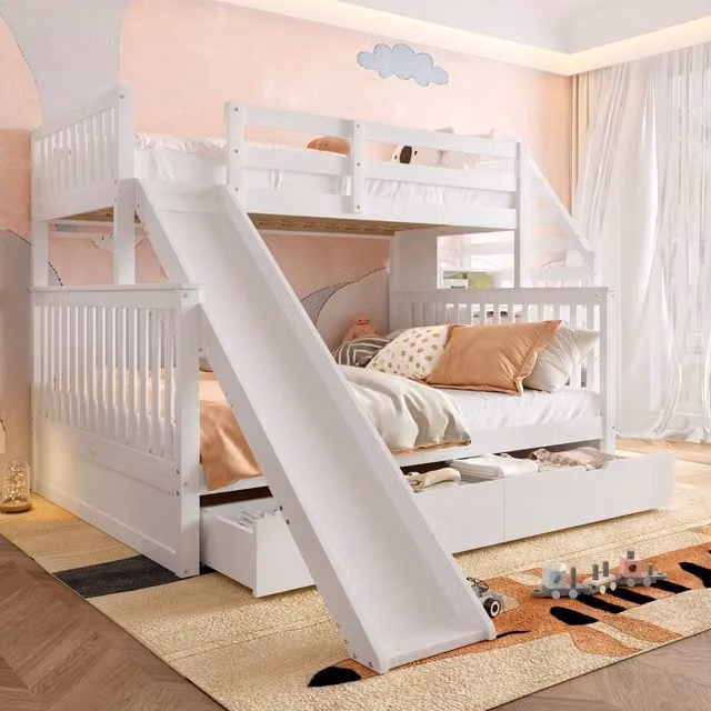Letto a castello WISHDOR per bambini in legno e MDF bianco con cassetti, scivolo e scala, L/P/H: 200 x 90/140 x 238.5 cm