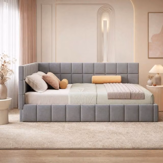 Letto da giorno ULEVR 160x200 cm in tessuto grigio, convertibile in divano, con schienale reversibile