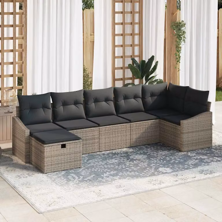 Set di divani da giardino vidaXL 7 pezzi in rattan grigio con cuscini e struttura in metallo