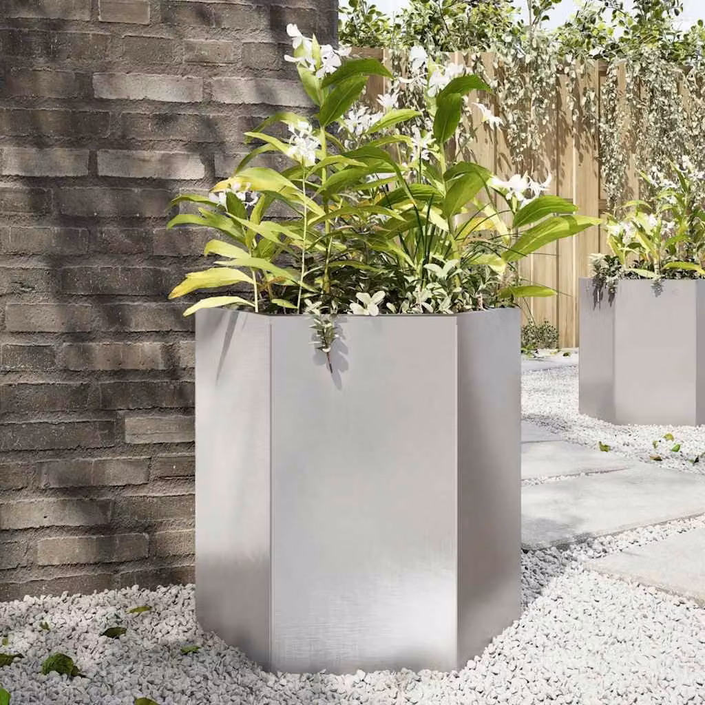Fioriera da giardino esagonale vidaXL in acciaio inossidabile argento L: 46 cm, P: 40 cm, H: 45 cm