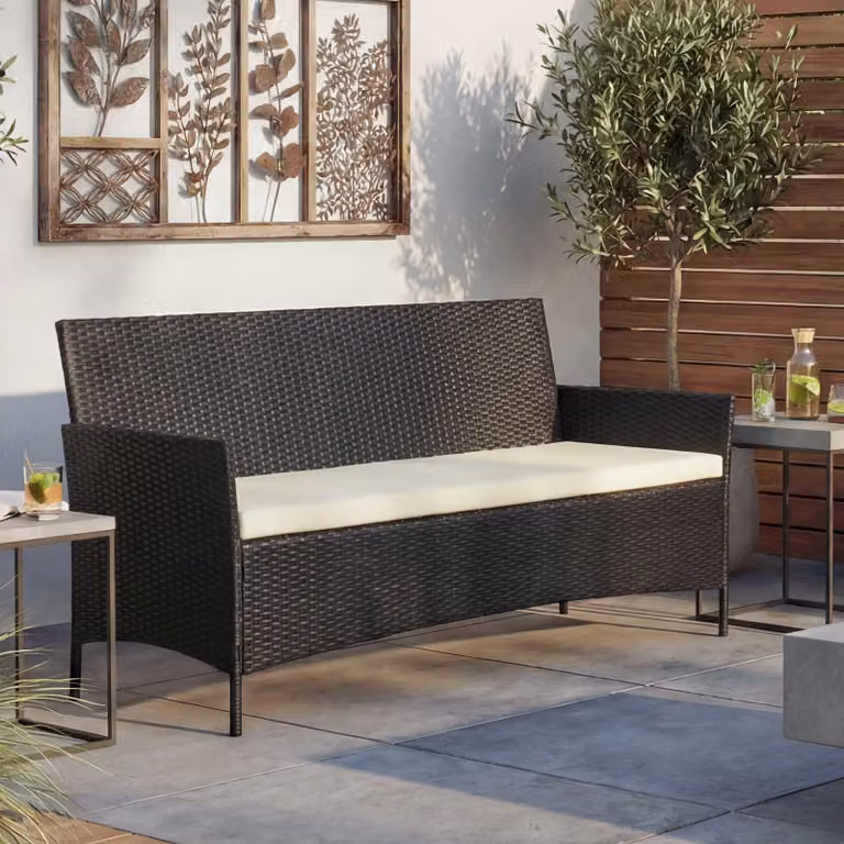 panca da giardino a 3 posti in poly-rattan Halden, panca ~ antracite, cuscini crema