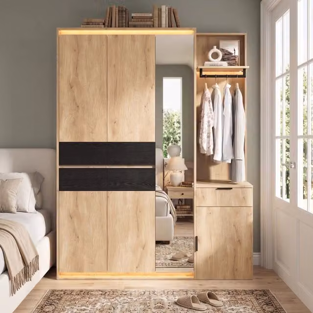 Composizione guardaroba da ingresso 155 x 47 x 200 cm; specchio; illuminazione LED; 3 aste appendiabiti; 5 cassetti; antracite/rovere