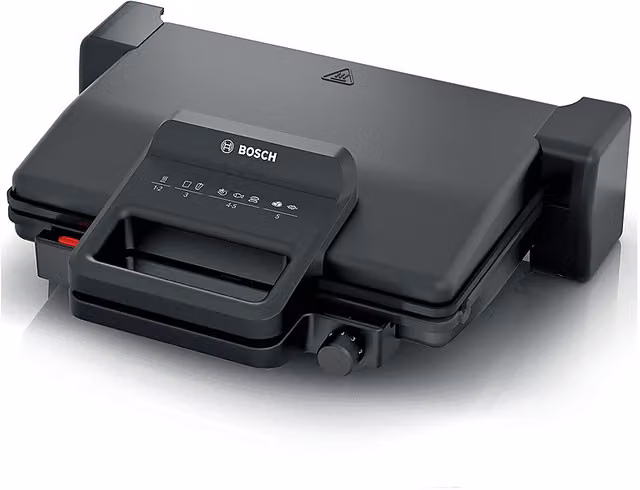 Bistecchiera Bosch TCG3323 da 2000W con 3 posizioni di cottura, 5 livelli di temperatura, piastre in alluminio rimovibili e rivestimento ceramico antiaderente, Nero