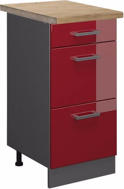 Mobiletto base per cucina R-Line Rosso lucido/Antracite 40 cm con cassetti, PL Rovere Vicco