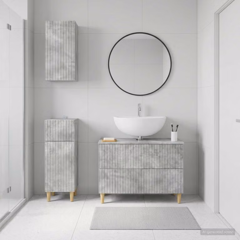Set di armadietti da bagno vidaXL ARNHEM in 3 pezzi, design minimalista con mobile lavabo e pensili, Grigio Cemento
