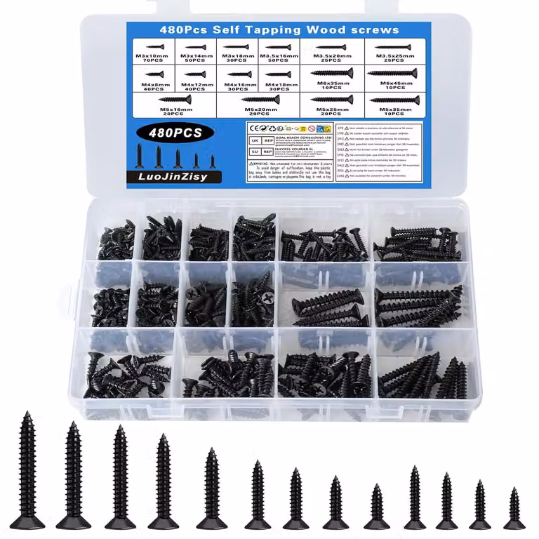 Set di viti autoperforanti, 480 pezzi, da M3 a M6, nere, per montaggio