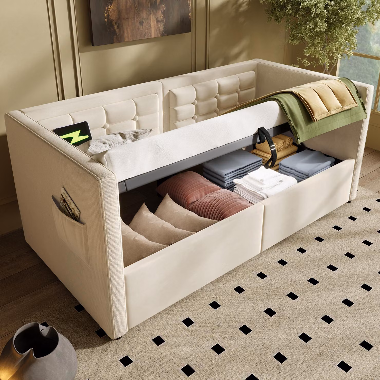 okwish divano letto imbottito 90x200 con contenitore idraulico, letto per ospiti con rete a doghe in legno, USB e Type-C, beige, senza materasso