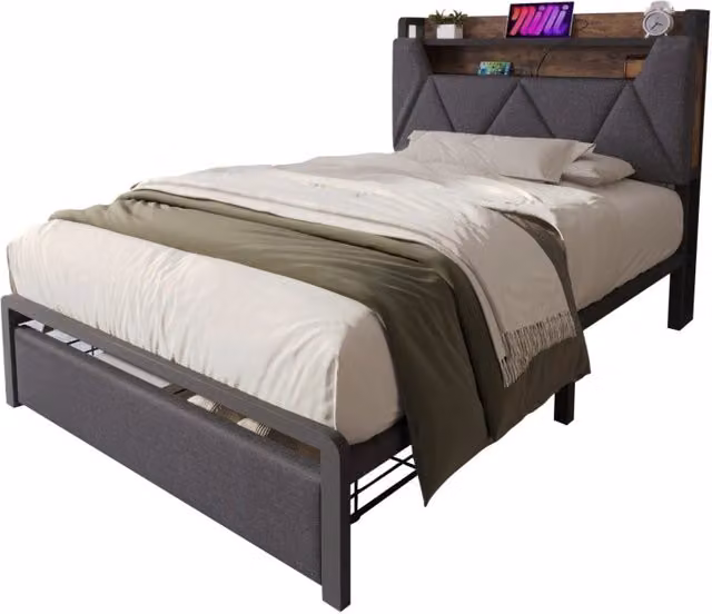 Letto imbottito singolo 90 x 200 con testiera contenitore, USB e Type-C, LED, cassetto e rete in metallo, grigio, per camera moderna