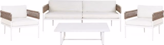 Set da giardino Beliani moderno in alluminio bianco con divano da 3 posti, divano da 2 posti, 2 poltrone e tavolino da caffè in poliestere resistente ai raggi UV