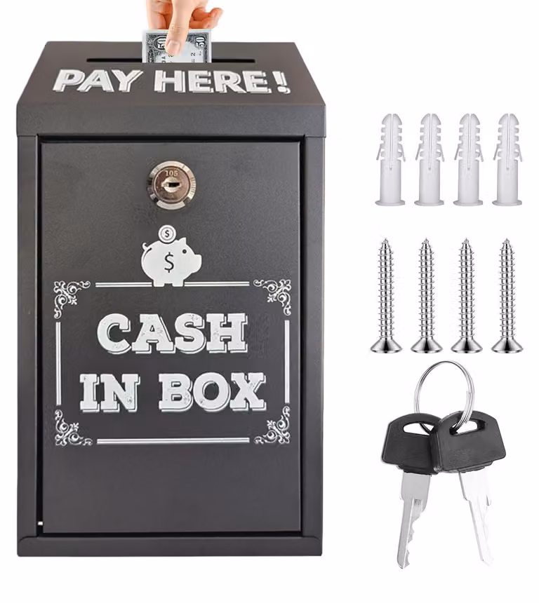 Cassetta per donazioni chiudibile, nera - Con serratura a chiave - 14,5 x 7,5 x 26 cm - Metallo - Adatta per uso domestico e in ufficio
