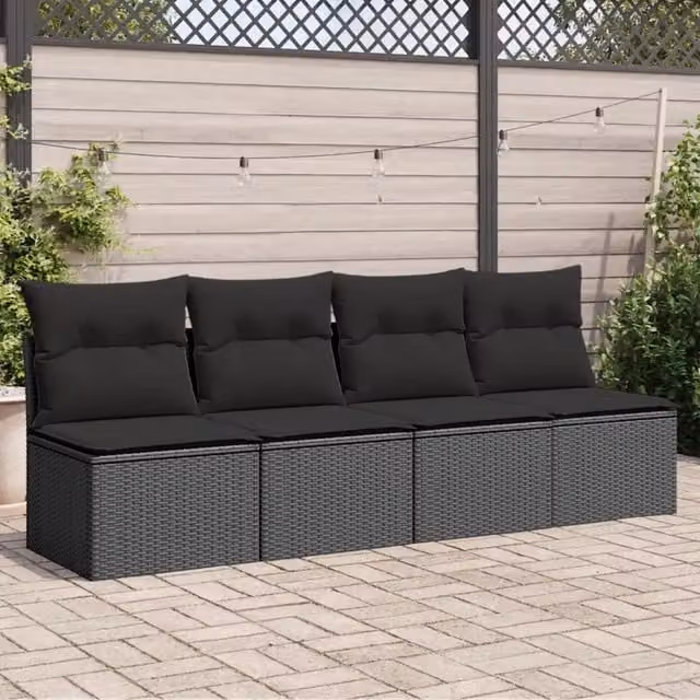 Divano da giardino con cuscini 4 Posti-Sofa da Giardino-Divano da esterno nero in polyrattan 782088