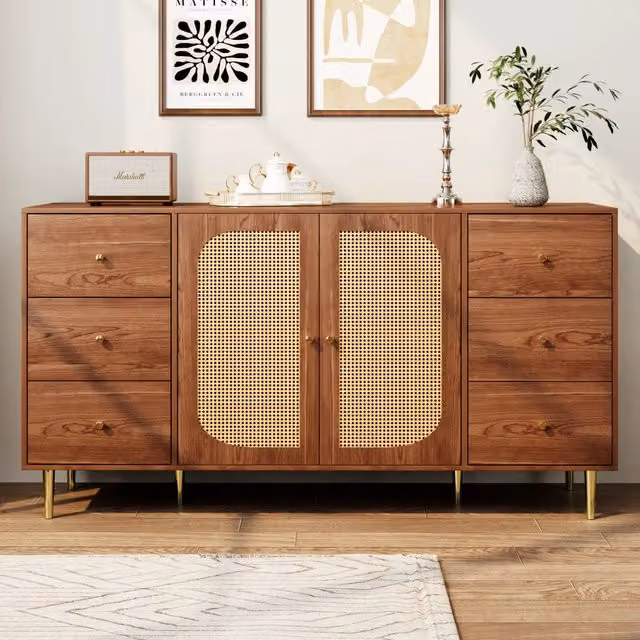 Credenza moderna REDOM in MDF con ante in rattan color legno marrone L 160 cm x P 40 cm x H 90 cm – 1