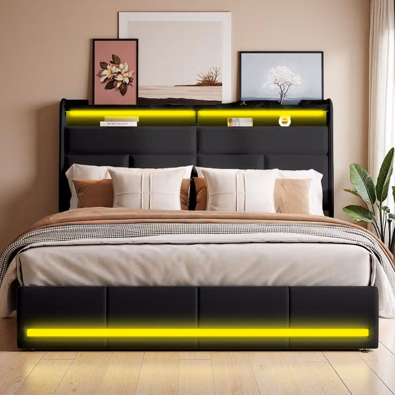 Letto imbottito nero 160x200 cm in PU, con luci LED e porte USB, rete a doghe ad apertura idraulica, ampio spazio per riporre le cose (senza materasso)