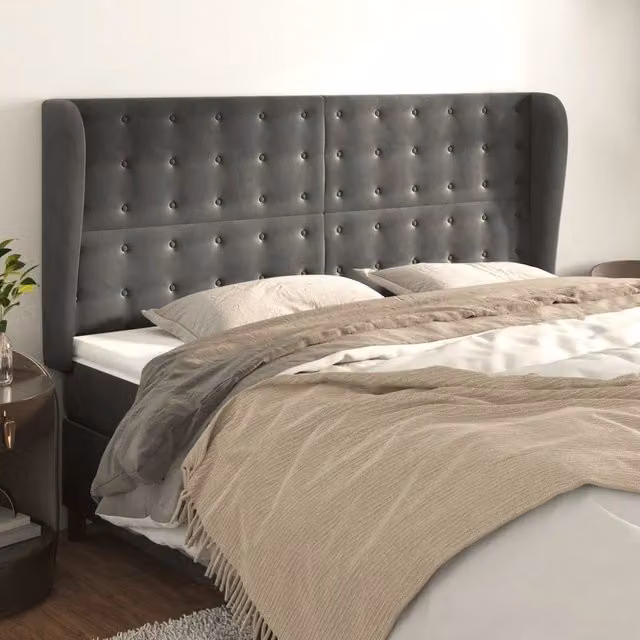 Testiera ad orecchio vidaXL in velluto grigio con struttura in legno L: 203 cm, P: 23 cm, H: 118-128 cm – 1