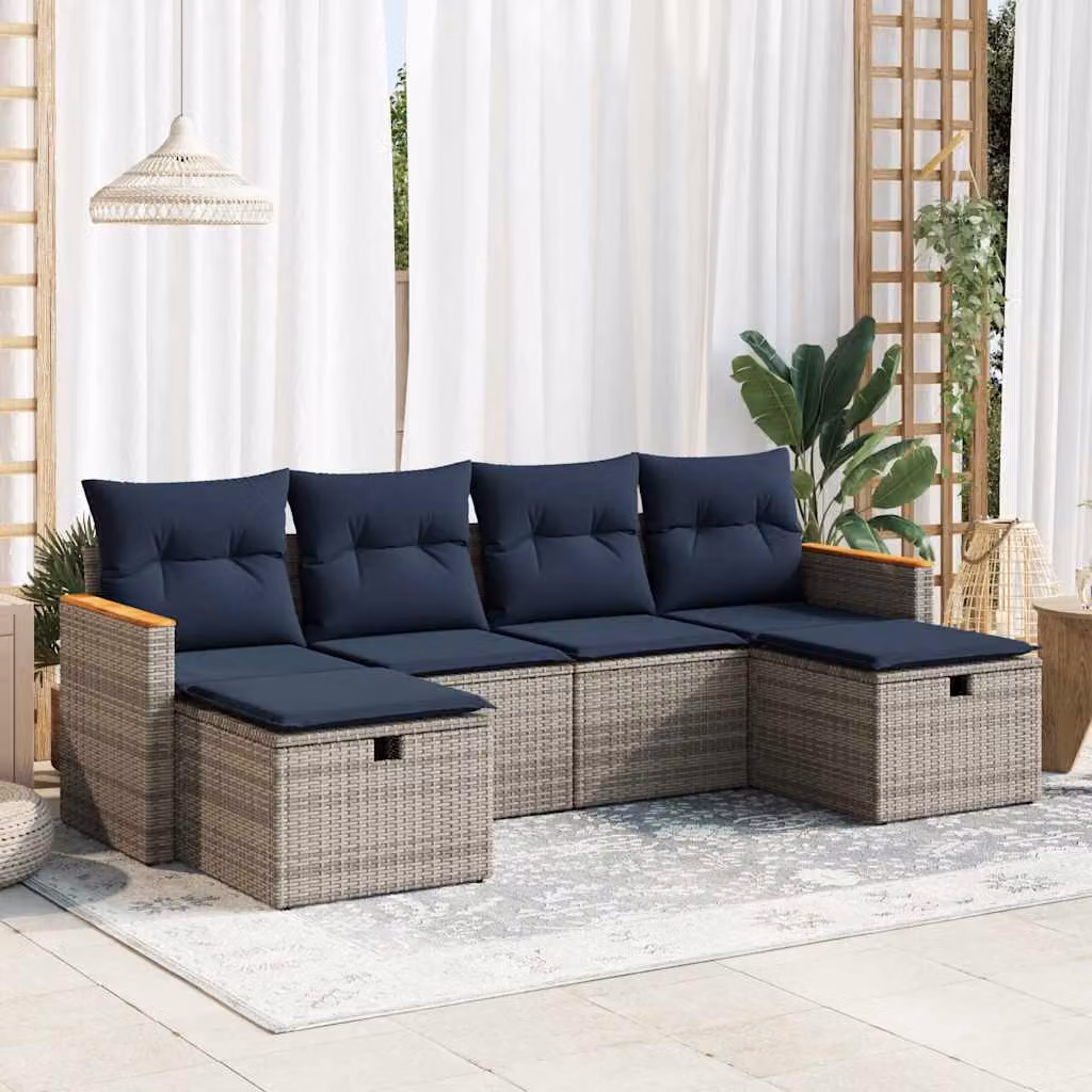 Set Divano da Giardino a L vidaXL in Polyrattan con 6 Cuscini Grigio e Blu e Struttura in Acciaio