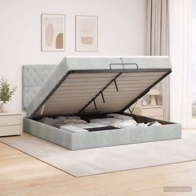 Letto ottomano con contenitore vidaXL in velluto grigio e bianco con materasso a molle L/P/H: 203 x 200 x 140 cm