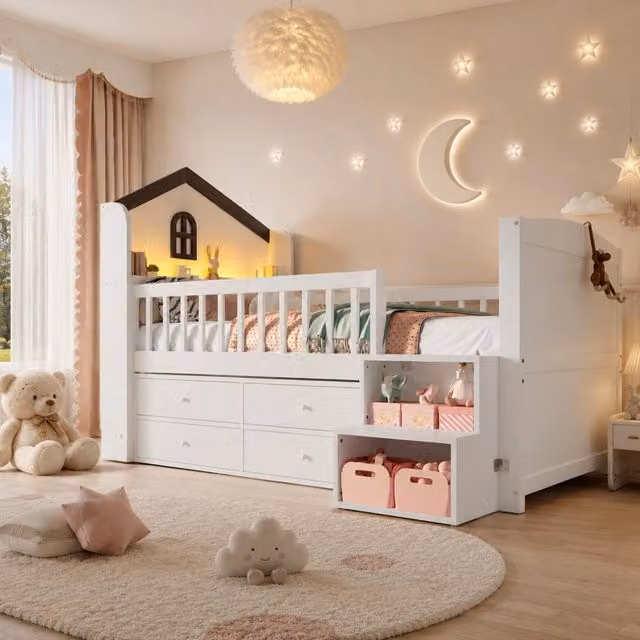 Letto a soppalco per bambini 90x200 cm, con forma casetta, 4 cassetti, LED integrato, scala con ripiani, bianco, senza materasso