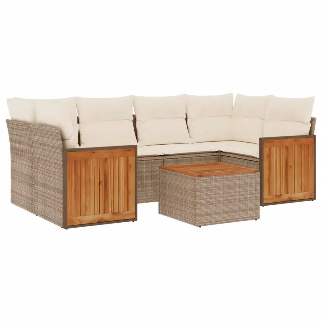 Set di divani da giardino vidaXL 7 pz a forma di L con cuscini beige e tavolino, in rattan e legno di acacia con struttura in acciaio verniciato a polvere – 2