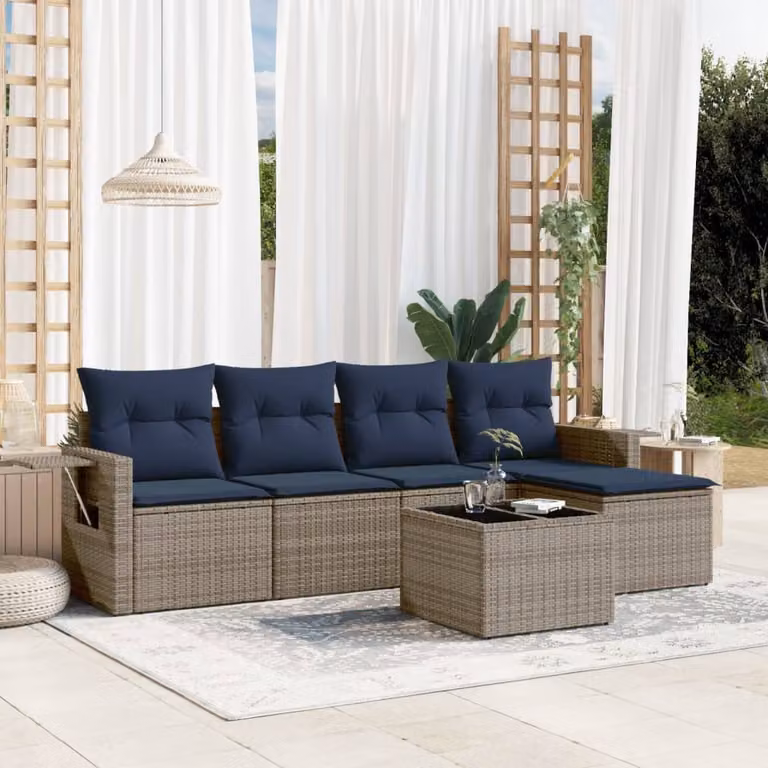 Set da giardino vidaXL in polyrattan grigio composto da 6 pezzi con cuscini e tavolino