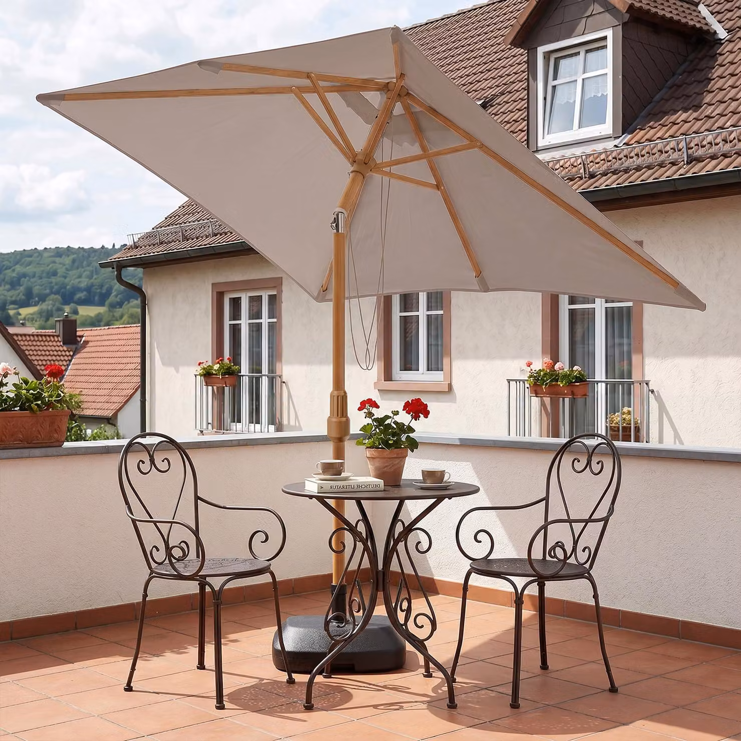 Ombrellone rettangolare Sekey 200x150 cm effetto legno, pieghevole, protezione UV 50+, ombrellone da giardino per balconi e terrazze, color taupe