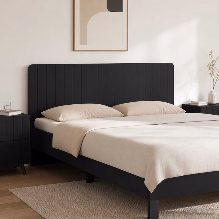 Testiera da muro vidaXL ZWOLLE in legno ingegnerizzato nero con ripiano integrato e scomparti laterali L: 140 cm, H: 50 cm, P: 12,2 cm
