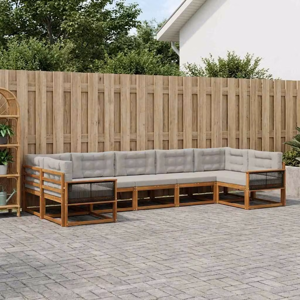 Set di divani da esterno vidaXL 7 pz in legno di acacia marrone e grigio chiaro con cuscini inclusi