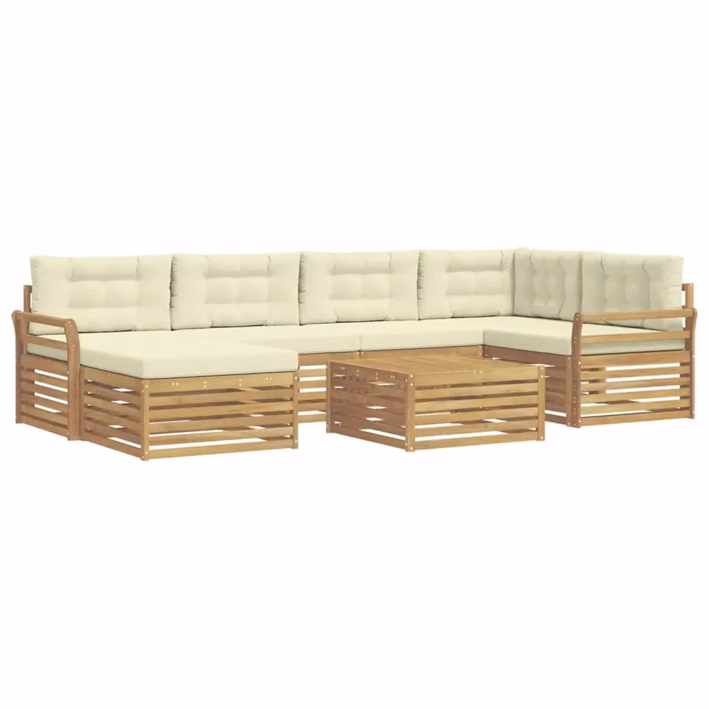 Set di divani da esterno vidaXL a forma di L composto da 7 pezzi in legno di acacia con cuscini bianchi e beige – 2