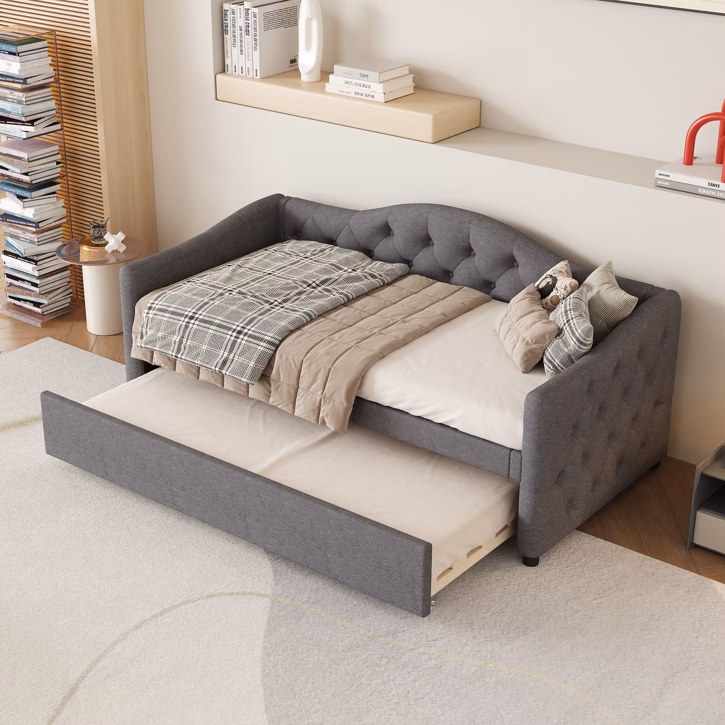 okwish divano letto daybed 90x200cm con sotto letto estraibile 90x190cm e rete a doghe, daybed letto per bambini letto per ragazzi (con materasso) - grigio