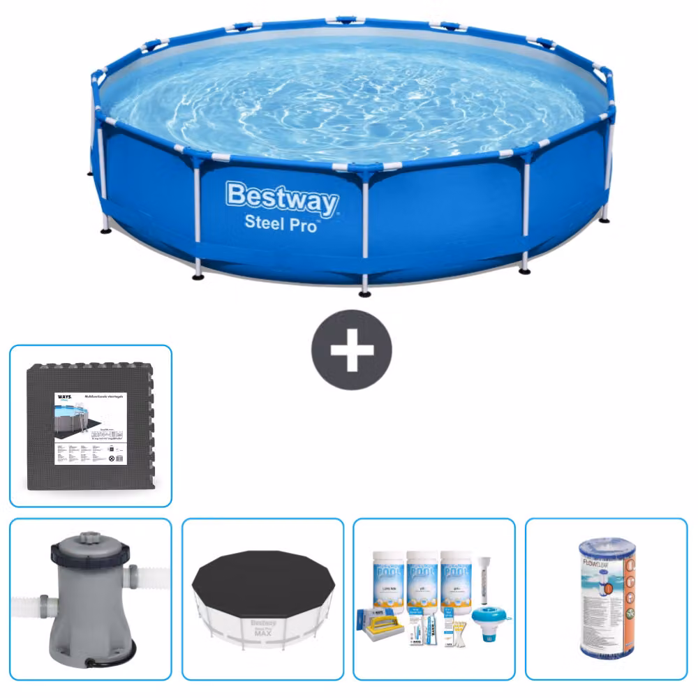 Piscina Bestway Round Steel Pro - 366 x 76 cm - blu - inclusa copertura della pompa - pacchetto manutenzione - filtro - piastrelle per il pavimento