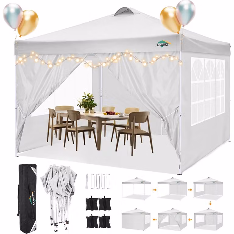 Gazebo da esterno 3x3 metri, impermeabile, con protezione UV 50+ e dotato di 4 pannelli laterali, colore bianco