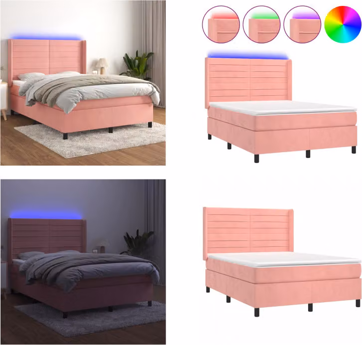 vidaXL Letto a molle con materasso e LED rosa 140x190 cm in velluto - Letto a molle - Letto a molle - Letto - Letti