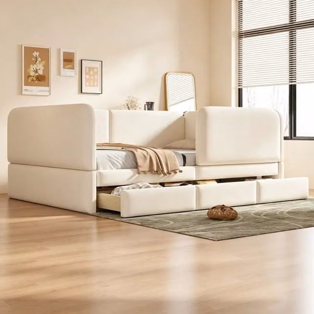 Letto per bambini 140x200 cm con cassetti e angoli arrotondati in velluto beige