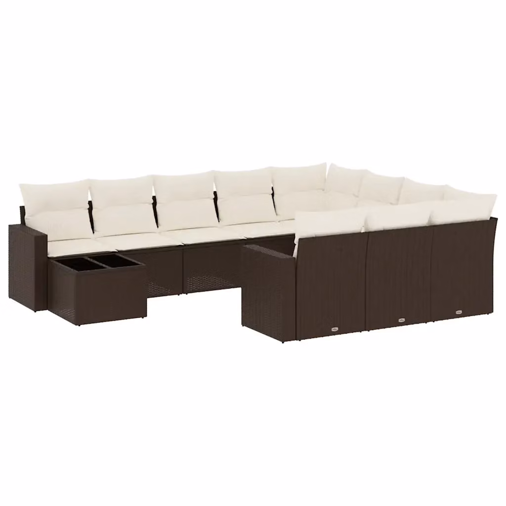 vidaXL Set Divani da Giardino 11 pz in Polyrattan Marrone con Cuscini Bianchi e Tavolino da Esterno – 2