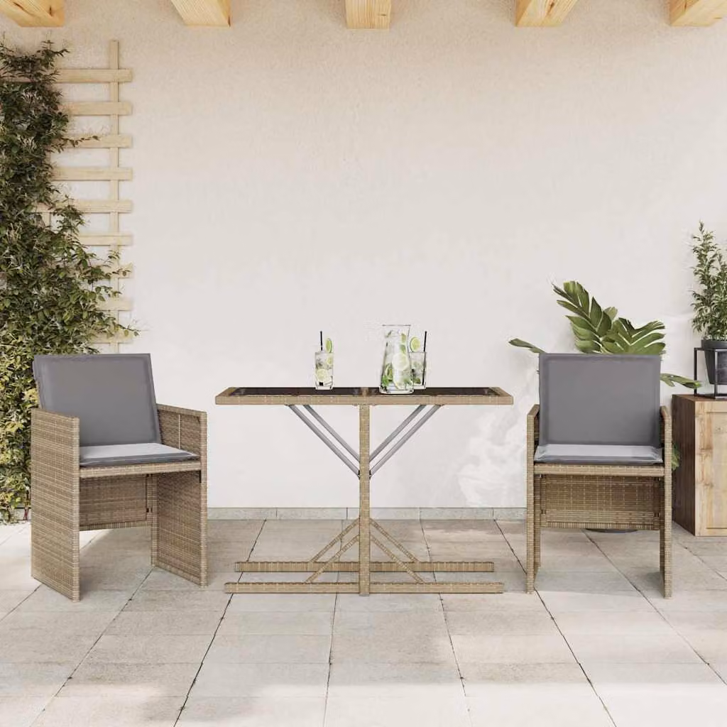 Set da Bistrò vidaXL in Polyrattan 3 Pezzi con Cuscini Beige e Grigio e Piano in Vetro per Giardino e Terrazzo