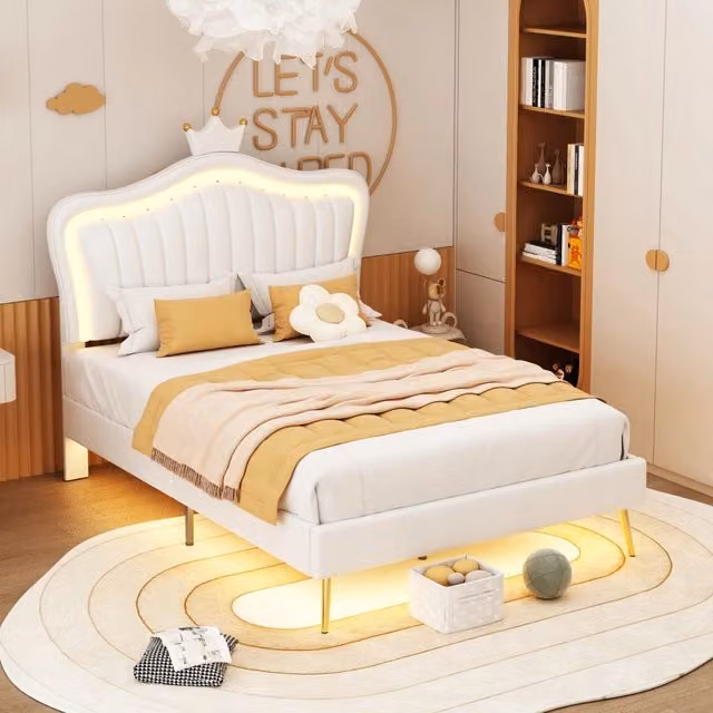 Letto singolo 90x200 - Xylo - Bianco con LED e corona