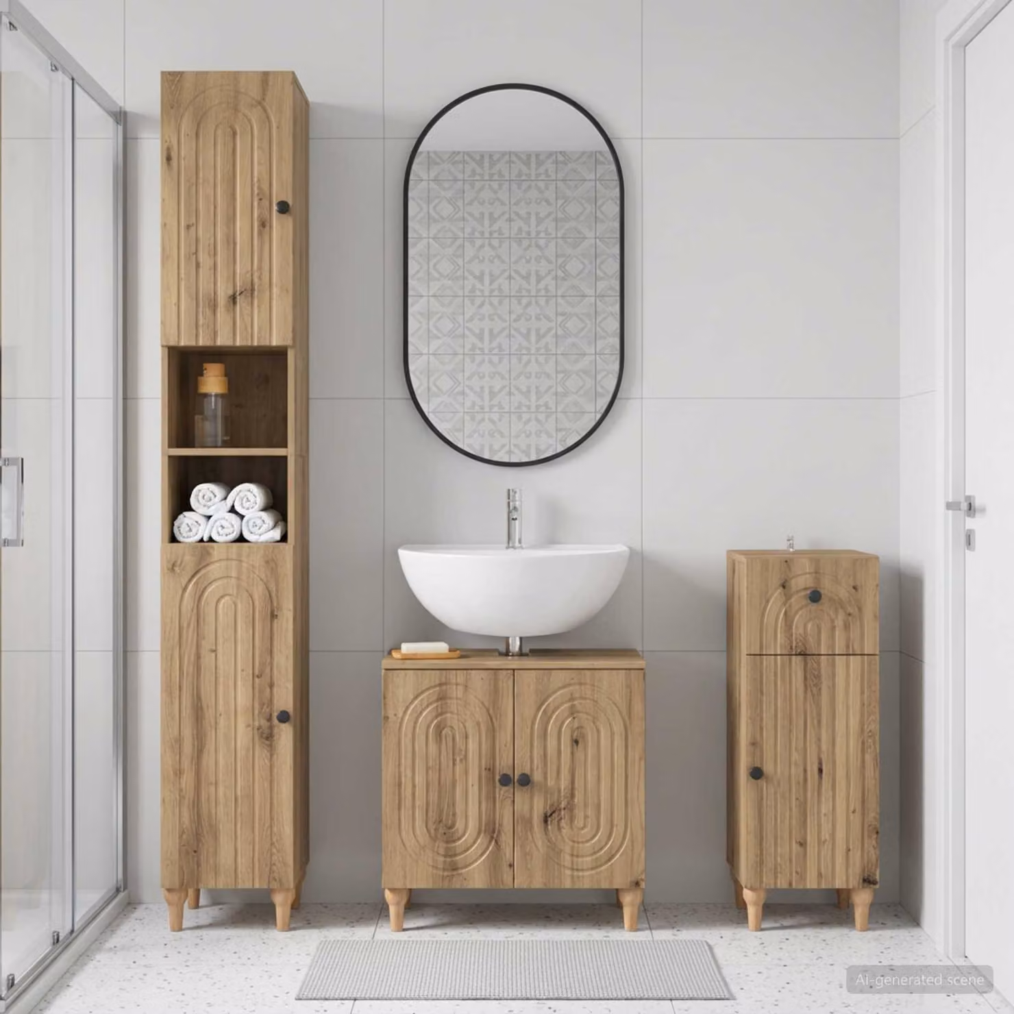 Set di armadietti da bagno moderni vidaXL ALKMAAR in 3 pezzi color marrone con ripiani interni e ante a cerniera, L/P/H: 48,2 x 30,0 x 190,0 cm, 31,0 x 30,0 x 48,2 cm e 30,0 x 31,0 x 48,2 cm