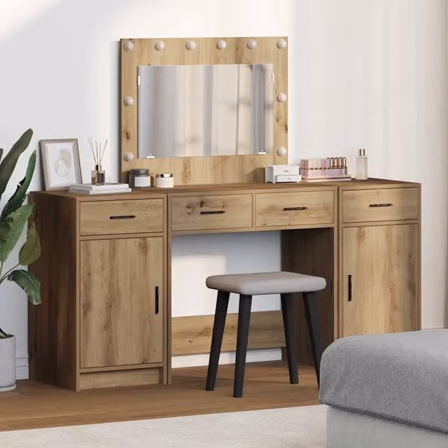 Tavolo da Trucco Moderno vidaXL con LED Hollywood, Marrone, L: 78,5 cm, P: 41 cm, H: 135 cm