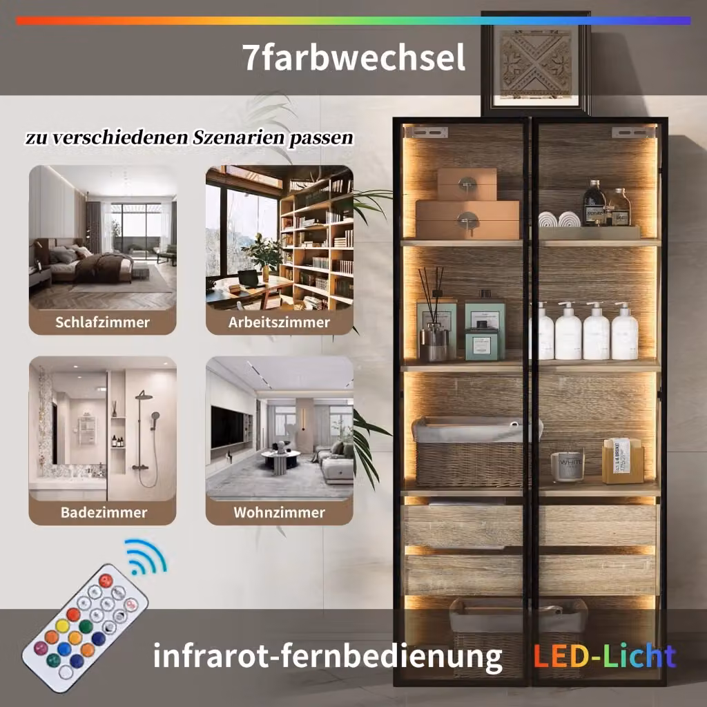 Set da 2 pezzi Armadio da Bagno REDOM in MDF Naturale con Ante in Vetro e Illuminazione LED, L: 73 cm – 2