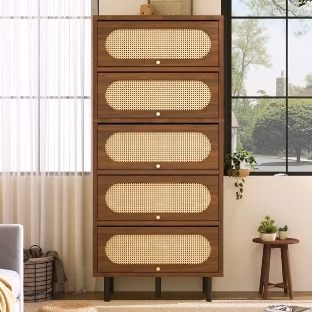 Mobile contenitore MIVRAY con 5 ante a ribalta in legno finitura noce e rattan con gambe in metallo, L: 80 cm, P: 40 cm, H: 163 cm