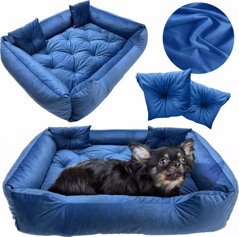 Cuccia per cani, lettiera 90x75 cm, cuscini trapuntati, divano, lettino, recinto, velluto blu