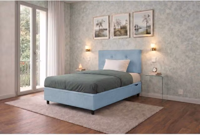Letto imbottito Singolo 80x190 cm Button - Contenitore,Microfibra,Azzurro