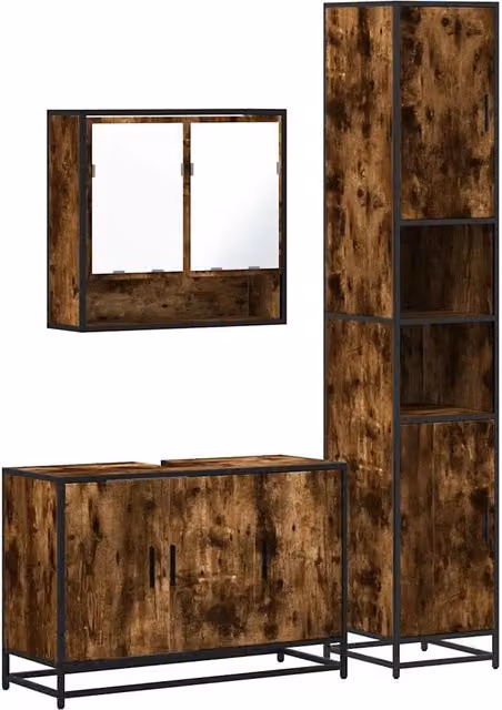 Set Mobili da Bagno Industrial in Legno e Metallo Marrone con Specchiera, Mobile Lavabo e Colonna, L/P/H: 188.5 x 65 x 20 cm – 1