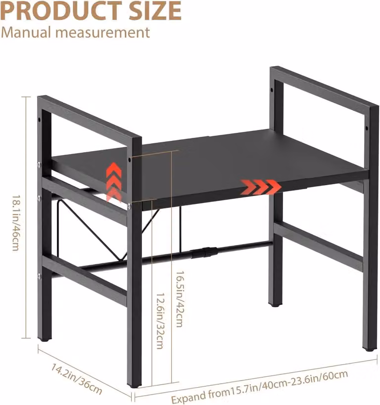 Ripiano per microonde - Scaffale da cucina a 2 livelli - Larghezza regolabile da 40 a 60 cm - Capacità di carico: 60 kg - Autoportante - Acciaio inossidabile - Con 6 ganci - Colore: nero