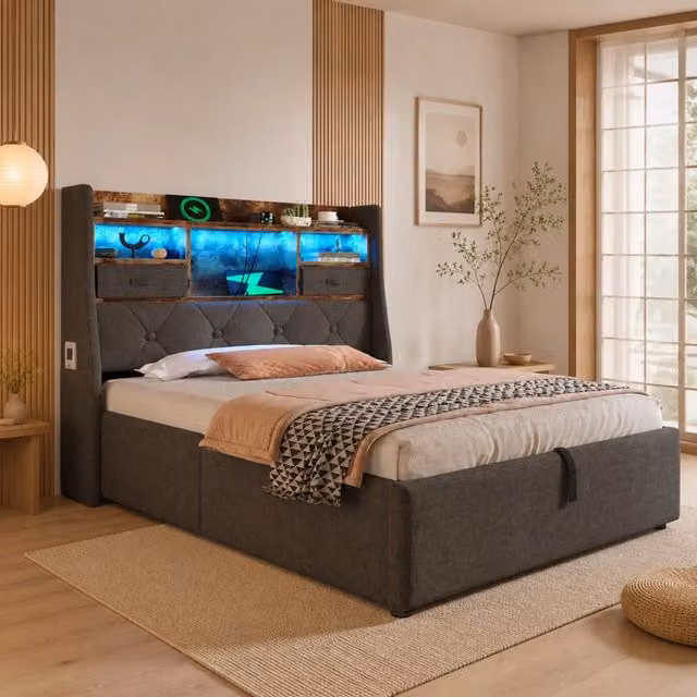 Letto imbottito 90x200 cm con contenitore, LED e ricarica USB in lino grigio