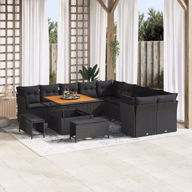 Set Divano da Giardino vidaXL a forma a U in Polyrattan Nero con Cuscini e Tavolino da Caffè