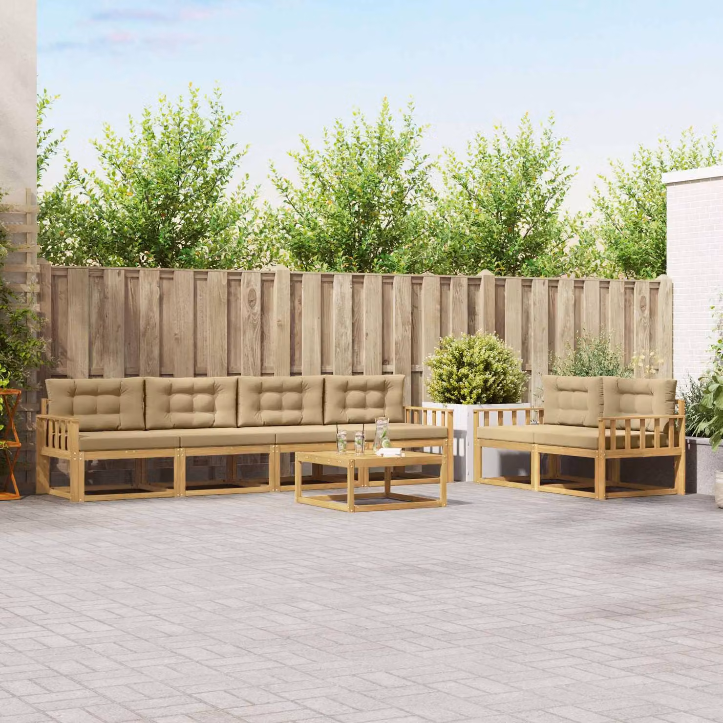 Set di divani da esterno vidaXL in legno di acacia con cuscini, 6 pezzi, Bianco e Beige