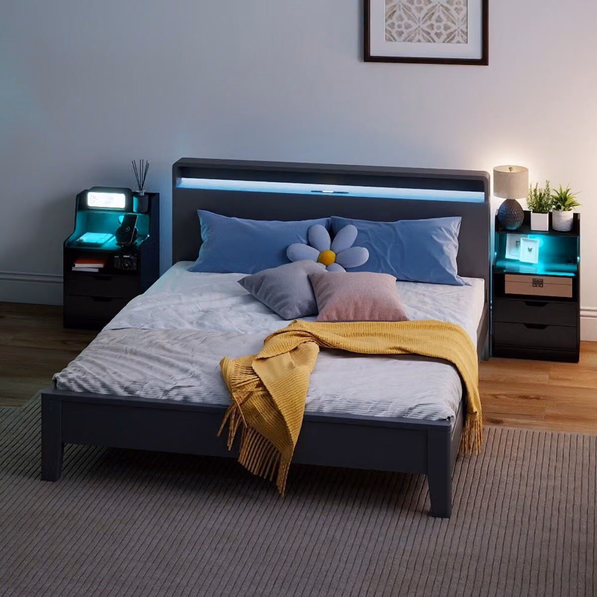 Set di 2 comodini moderni Costway con illuminazione LED e stazione di ricarica, colore nero