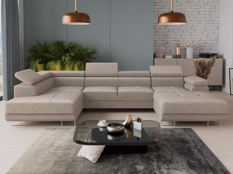 Combo salotto Caris U con funzione letto e poggiatesta regolabili, divano ad angolo con due contenitori, divanetto, divano, divano letto (beige (Paros 02), divano ad angolo a destra)