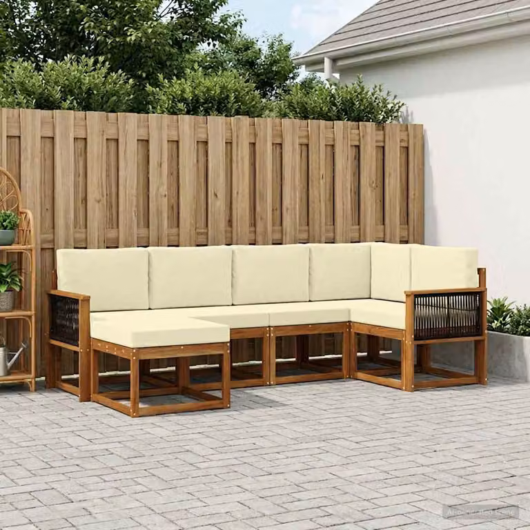 Set di divani da esterno vidaXL a forma di L composto da 6 pezzi in legno di acacia con cuscini inclusi, colori beige, bianco e marrone
