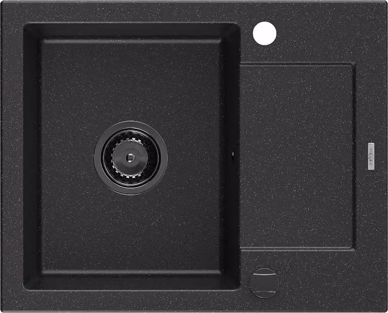 Mexen Enzo lavello in granito a 1 vasca con sgocciolatoio 576 x 465 mm, nero/argento metallizzato, sifone nero - 6506571005-73-B